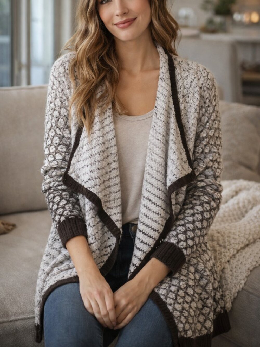Time and Tru Brown and Cream Open-Front Draped Cardigan